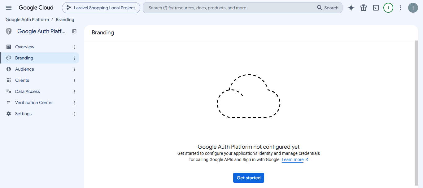 Click Get Started for OAuth consent screen in Google Cloud