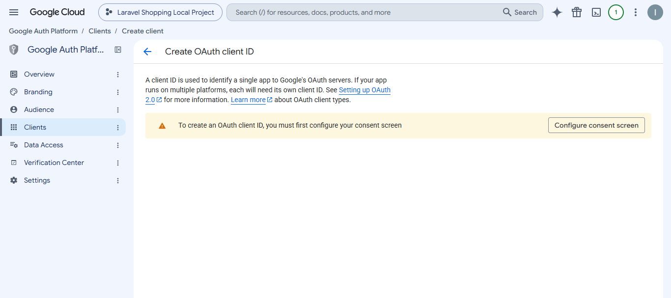 Configure consent screen in Google Cloud Console for Laravel Google Login