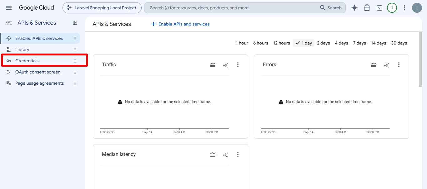 Click on Credentials in Google Cloud Console for Laravel Google Login