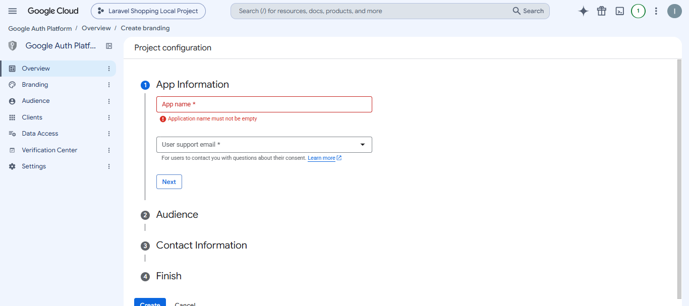Project configuration form in Google Cloud Console for Laravel Google Login