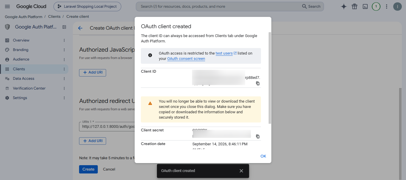 OAuth client created in Google Cloud Console for Laravel Google Login