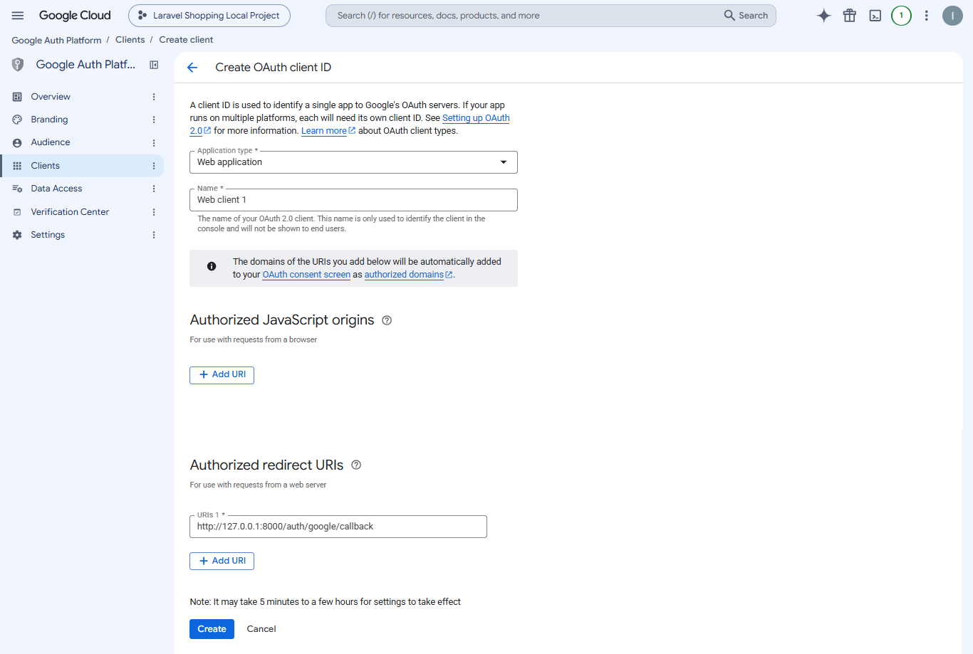 OAuth 2.0 Client ID form in Google Cloud Console for Laravel