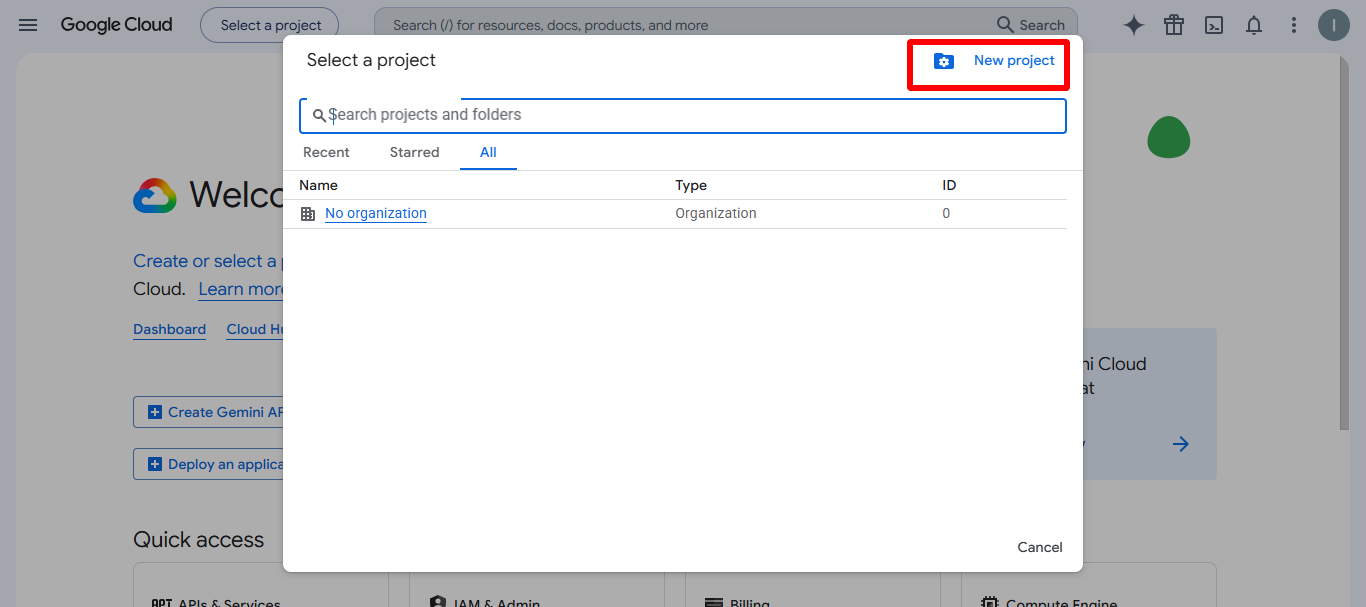 Google Cloud Console create project screen for Laravel
