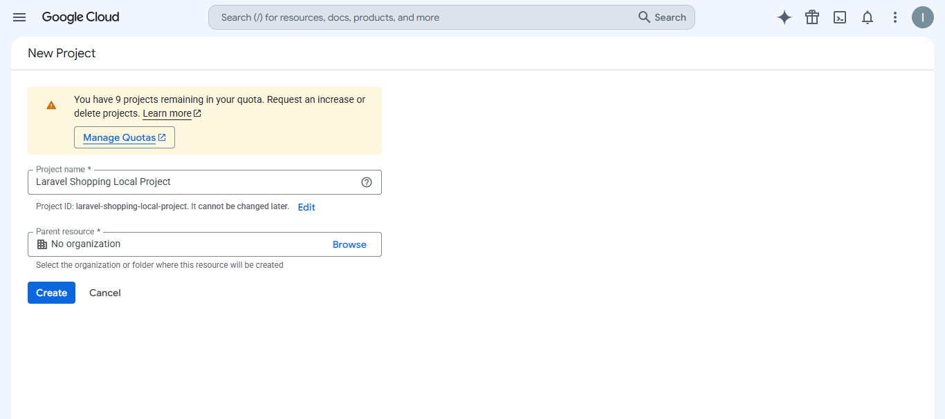 Enter a project name in Google Cloud Console for Laravel Google Login